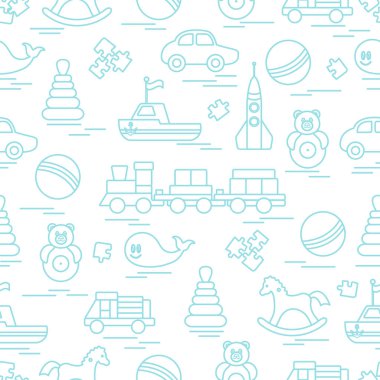 Çocuk oyuncakları ile Seamless modeli. Tren, otomobil, toplar, sallanan at, Roly, balina, bulmacalar, Piramit, tekne.