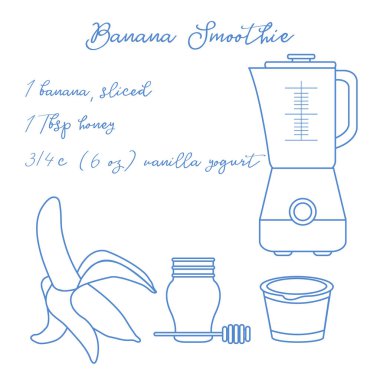 Tarifi, blender ve muz smoothie yapmak için malzemeler. Sağlıklı beslenme alışkanlıkları. Banner için tasarım ve baskı.