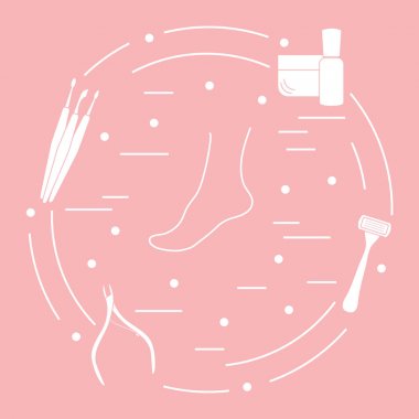 Pedikür araçları ve ürünleri, güzellik ve bakım için. Kremi, tırnak bakım ürünü, tıraş makinesi, tırnak makası, tırnak temizleme araçları, sıyırıcı.