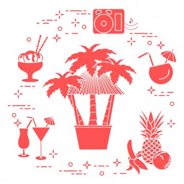 Sahilde, palmiye ağaçları, kokteyller, dondurma, müzik hoparlörler, muz, ananas, portakal Bar.