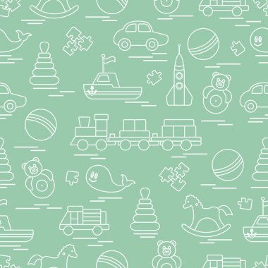 Çocuk oyuncakları ile Seamless modeli. Tren, otomobil, toplar, sallanan at, Roly, balina, bulmacalar, Piramit, tekne.