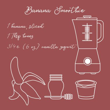 Tarifi, blender ve muz smoothie yapmak için malzemeler. Sağlıklı beslenme alışkanlıkları. Banner için tasarım ve baskı.