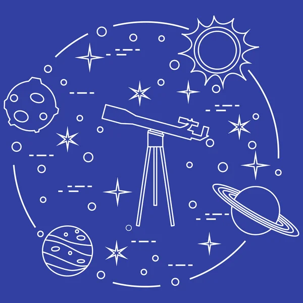 Scienza Telescopio Sole Luna Pianeti Stelle Esplorazione Spaziale Astronomia — Vettoriale Stock