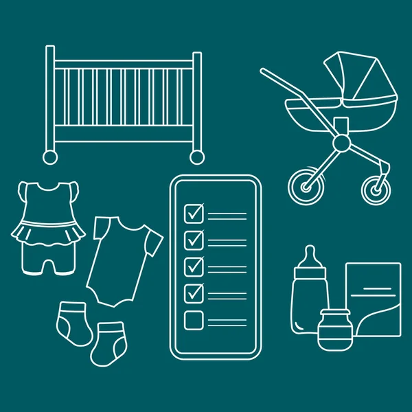 Smartphone dengan checklist aksesoris bayi yang baru lahir - Stok Vektor