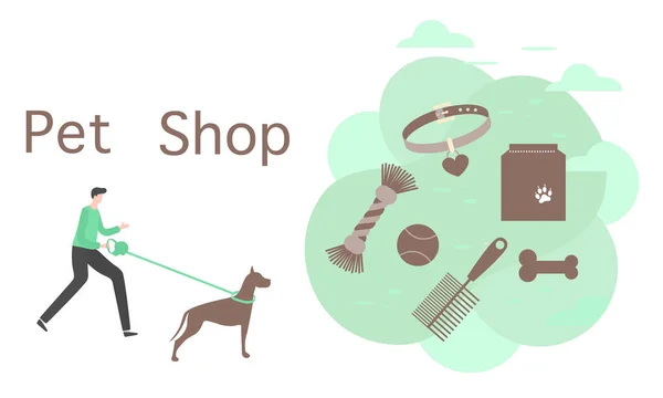 Vector Pet Shop Мужчина с собакой Уход за животными аксессуар — стоковый вектор