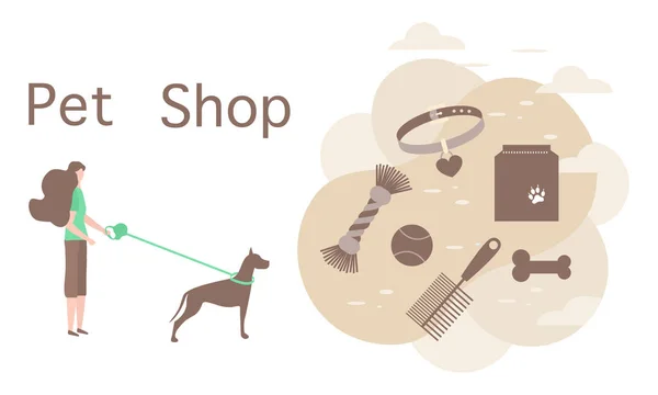 Vector Pet Shop Menina com cão Pet cuidado acessório —  Vetores de Stock