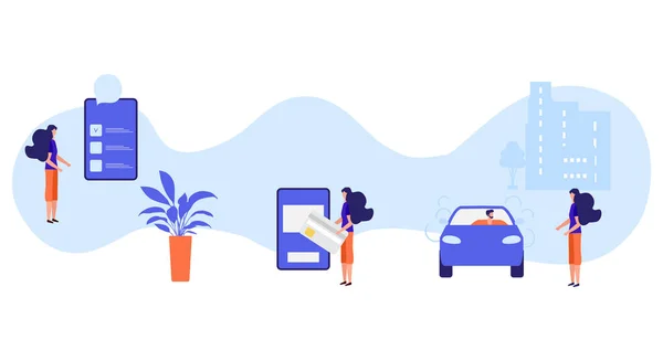 Les gens commandent l'application de téléphone intelligent, service de taxi de voiture payante — Image vectorielle