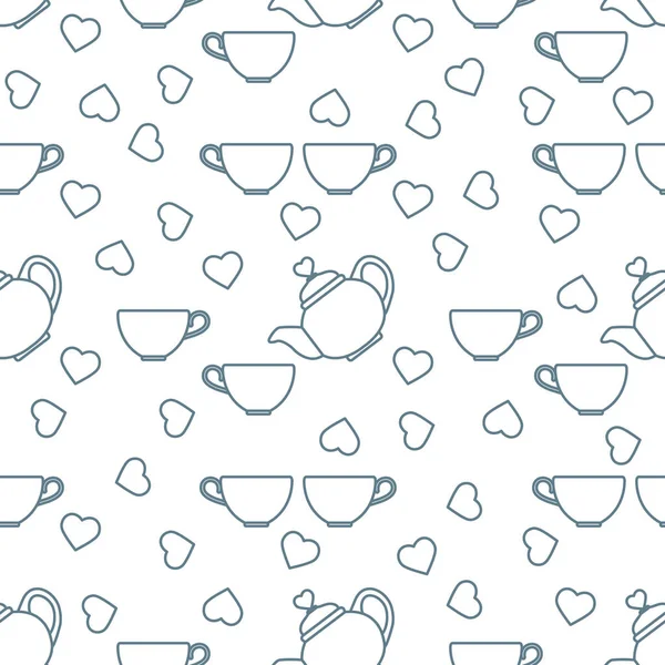 Vector pattern Valentine's Day Teapot, cup, heart — 스톡 벡터