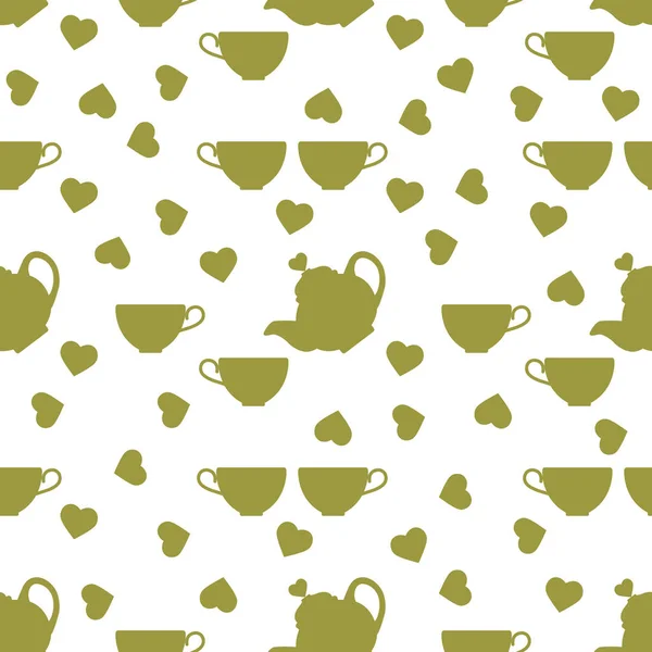 Vector pattern Valentine's Day Teapot, cup, heart — Stock Vector