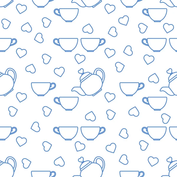 Vector pattern Valentine's Day Teapot, cup, heart — 스톡 벡터