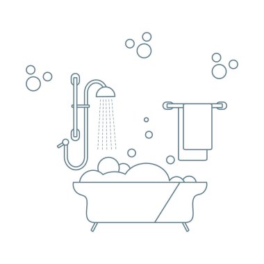 Vektör illüstrasyon Banyo, duş, kabarcıklar, havlu, askı. Banyo zamanı konsepti. Küvet. Banyo seti, yıkanma, banyo, temizlik. Paket, kumaş, baskı için tasarım