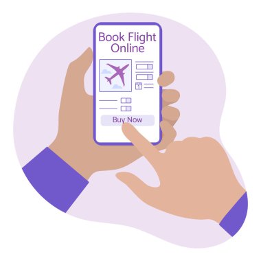 Vector Illustration Online bilet rezervasyonu ve ödemeleri İnsanlar akıllı telefon seyahati veriyor. Yaz zamanı, tatil. Çevrimiçi seyahat acentesi ve rezervasyon hizmeti kavramı. Web sayfası için dizayn, yazdırma