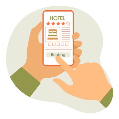 Vector Illustration Online rezervasyon ve otel için ödeme İnsanlar akıllı telefon yaz tatili, online seyahat acentesi için tatil konsepti, rezervasyon hizmeti. Web sayfası için dizayn, yazdırma