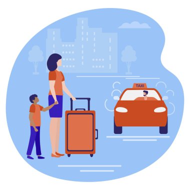 Vektör illüstrasyonu. Bavullu insanlar tatilde taksi bekliyor. Yaz tatili seyahati, tatil taksi servisi mobil şehir ulaşımı. Web sayfası, sunum, yazdırma için tasarım