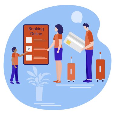 Vektör illüstrasyonlu bavullu insanlar online olarak akıllı telefondan seyahat planı, ödeme yapıyorlar. Yaz zamanı, tatil. Çevrimiçi seyahat acentesi ve rezervasyon hizmeti kavramı. Web sayfası için dizayn, yazdırma