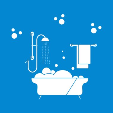 Vektör illüstrasyon Banyo, duş, kabarcıklar, havlu, askı. Banyo zamanı konsepti. Küvet. Banyo seti, yıkanma, banyo, temizlik. Paket, kumaş, baskı için tasarım