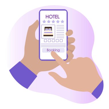 Vector Illustration Online rezervasyon ve otel için ödeme İnsanlar akıllı telefon yaz tatili, online seyahat acentesi için tatil konsepti, rezervasyon hizmeti. Web sayfası için dizayn, yazdırma