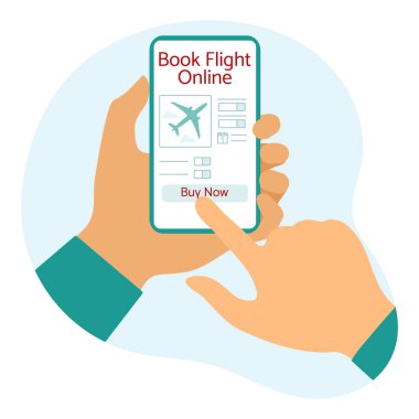 Vector Illustration Online bilet rezervasyonu ve ödemeleri İnsanlar akıllı telefon seyahati veriyor. Yaz zamanı, tatil. Çevrimiçi seyahat acentesi ve rezervasyon hizmeti kavramı. Web sayfası için dizayn, yazdırma