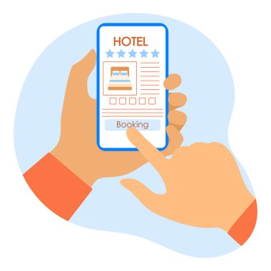 Vector Illustration Online rezervasyon ve otel için ödeme İnsanlar akıllı telefon yaz tatili, online seyahat acentesi için tatil konsepti, rezervasyon hizmeti. Web sayfası için dizayn, yazdırma