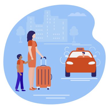 Vektör illüstrasyonu. Bavullu insanlar tatilde taksi bekliyor. Yaz tatili seyahati, tatil taksi servisi mobil şehir ulaşımı. Web sayfası, sunum, yazdırma için tasarım