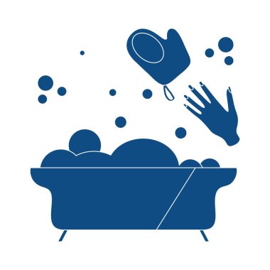 Vektör illüstrasyon Banyo, bez, el, baloncuk. Küvet. Banyo seti, yıkanma, banyo, temizlik. Banyo zamanı konsepti. Paket, kumaş, baskı için tasarım