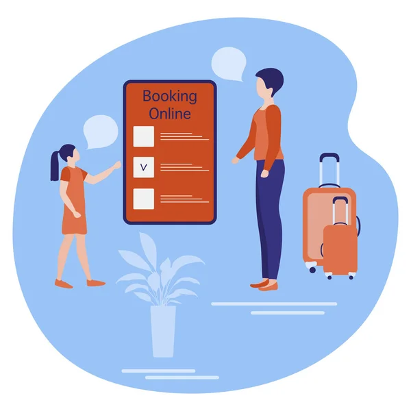 Vektorillustration Menschen Mit Koffern Online Buchung Smartphone Reiseplanung Bezahlung Sommerzeit — Stockvektor