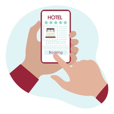 Vector Illustration Online rezervasyon ve otel için ödeme İnsanlar akıllı telefon yaz tatili, online seyahat acentesi için tatil konsepti, rezervasyon hizmeti. Web sayfası için dizayn, yazdırma