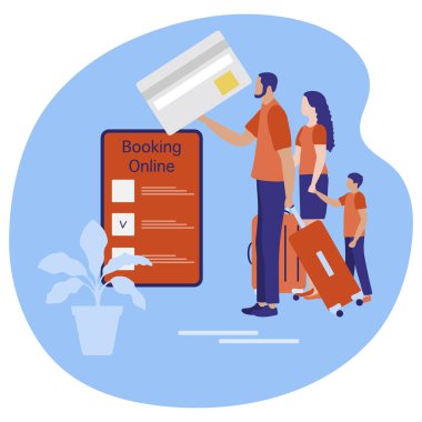 Vektör illüstrasyonlu bavullu insanlar online olarak akıllı telefondan seyahat planı, ödeme yapıyorlar. Yaz zamanı, tatil. Çevrimiçi seyahat acentesi ve rezervasyon hizmeti kavramı. Web sayfası için dizayn, yazdırma
