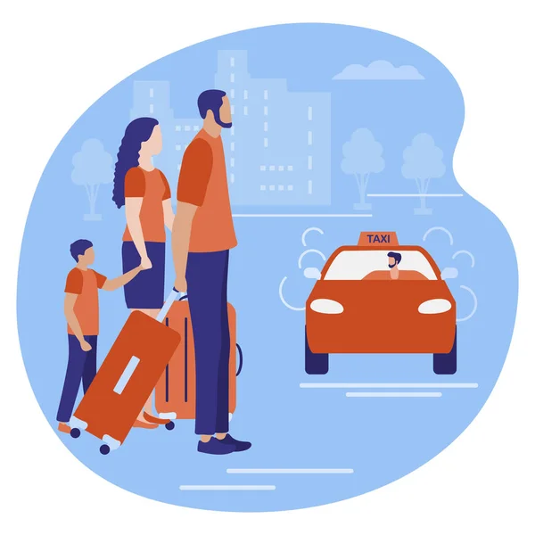 Ilustración Vectorial Personas Con Maletas Viajando Taxi Espera Vacaciones Viajes — Archivo Imágenes Vectoriales