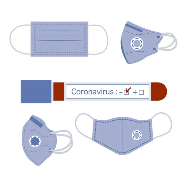 Vektör illüstrasyon kan tüpü, negatif Çin koronası virüsü ncov testi. Maskeler 2019-Ncov 'dan korunuyor. Çin patojen solunum koronavirüsü Sars salgın tehlike alarmı web için ilaç tasarımı, baskı