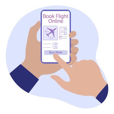 Vector Illustration Online bilet rezervasyonu ve ödemeleri İnsanlar akıllı telefon seyahati veriyor. Yaz zamanı, tatil. Çevrimiçi seyahat acentesi ve rezervasyon hizmeti kavramı. Web sayfası için dizayn, yazdırma