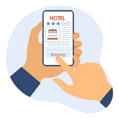 Vector Illustration Online rezervasyon ve otel için ödeme İnsanlar akıllı telefon yaz tatili, online seyahat acentesi için tatil konsepti, rezervasyon hizmeti. Web sayfası için dizayn, yazdırma