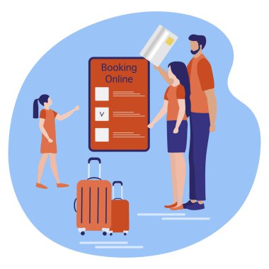 Vektör illüstrasyonlu bavullu insanlar online olarak akıllı telefondan seyahat planı, ödeme yapıyorlar. Yaz zamanı, tatil. Çevrimiçi seyahat acentesi ve rezervasyon hizmeti kavramı. Web sayfası için dizayn, yazdırma