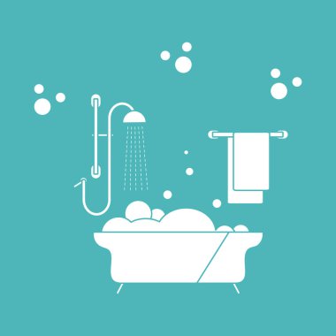 Vektör illüstrasyon Banyo, duş, kabarcıklar, havlu, askı. Banyo zamanı konsepti. Küvet. Banyo seti, yıkanma, banyo, temizlik. Paket, kumaş, baskı için tasarım