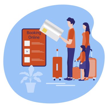 Vektör illüstrasyonlu bavullu insanlar online olarak akıllı telefondan seyahat planı, ödeme yapıyorlar. Yaz zamanı, tatil. Çevrimiçi seyahat acentesi ve rezervasyon hizmeti kavramı. Web sayfası için dizayn, yazdırma
