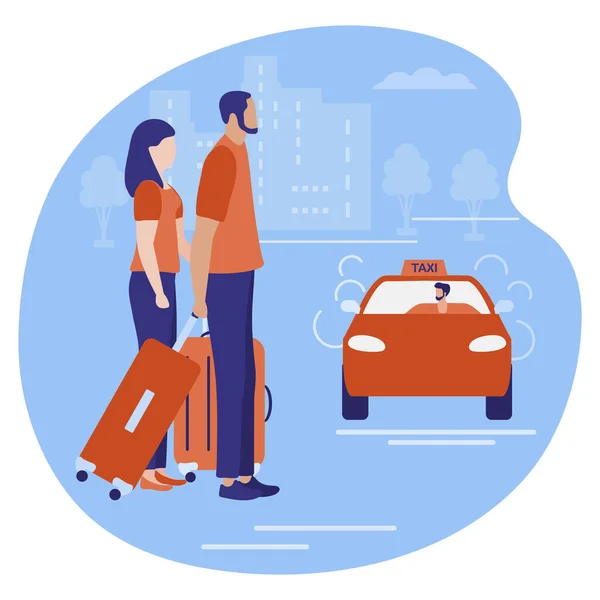 Illustration Vectorielle Personnes Avec Valises Voyageant Taxi Attente Vacances Voyage — Image vectorielle