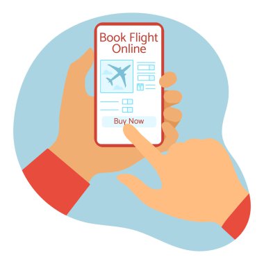 Vector Illustration Online bilet rezervasyonu ve ödemeleri İnsanlar akıllı telefon seyahati veriyor. Yaz zamanı, tatil. Çevrimiçi seyahat acentesi ve rezervasyon hizmeti kavramı. Web sayfası için dizayn, yazdırma