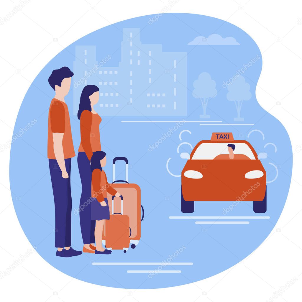 Vector illustration People with suitcases traveling on vacation waiting taxi. Travel Summer time, holiday Taxi service Cab business Mobile city transportation. Design for web page, presentation, print