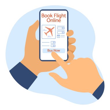 Vector Illustration Online bilet rezervasyonu ve ödemeleri İnsanlar akıllı telefon seyahati veriyor. Yaz zamanı, tatil. Çevrimiçi seyahat acentesi ve rezervasyon hizmeti kavramı. Web sayfası için dizayn, yazdırma