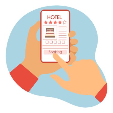 Vector Illustration Online rezervasyon ve otel için ödeme İnsanlar akıllı telefon yaz tatili, online seyahat acentesi için tatil konsepti, rezervasyon hizmeti. Web sayfası için dizayn, yazdırma
