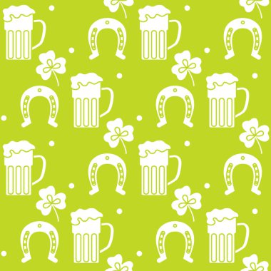 Yonca yapraklı kusursuz desen, bira kupası, at nalı. Aziz Patrick Günü. Tatil geçmişi. İrlandalı vektör modeli. Pankart, poster, tekstil, baskı için tasarım.
