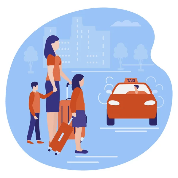 Illustrazione Vettoriale Persone Con Valigie Che Viaggiano Taxi Attesa Vacanza — Vettoriale Stock