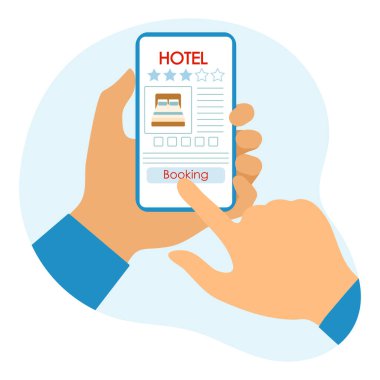 Vector Illustration Online rezervasyon ve otel için ödeme İnsanlar akıllı telefon yaz tatili, online seyahat acentesi için tatil konsepti, rezervasyon hizmeti. Web sayfası için dizayn, yazdırma