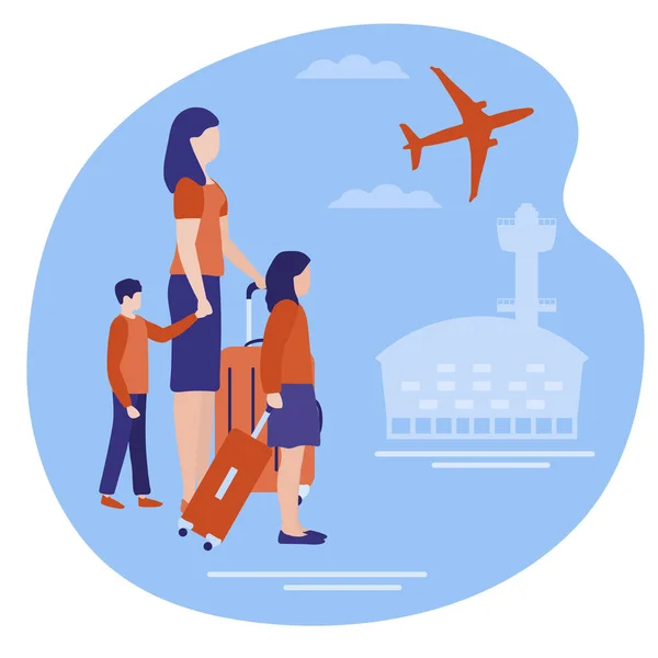 Vector illustration. People with suitcases traveling on vacation. Travel. Summer time, holiday Airport, plane. Concept for travel agency, booking service. Design for web page, presentation, print.