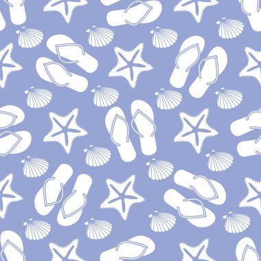 Çevirmeli terlik, denizyıldızı ve kabuklu vektörsüz seyahat çizimi. Yaz tatili, tatil, tatil, boş zaman geçmişi. Seyahat acentesi kavramı. Tasarım ambalajı, kumaş, baskı