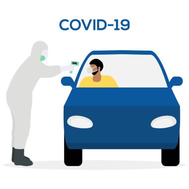 Vector Illustration Chinese corona virus ncov, covid 19. Tehlikeli madde giysisi ve solunum maskesi takan adam araba sürücüsünün sıcaklığını kontrol ediyor. Çin patojen koronavirüsü salgını riski Web, baskı için tasarımı koru