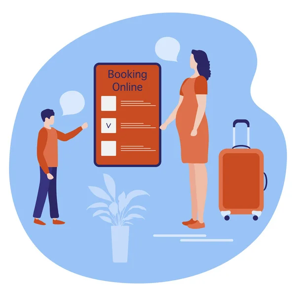 Vektorillustration Menschen Mit Koffern Online Buchung Smartphone Reiseplanung Bezahlung Sommerzeit — Stockvektor