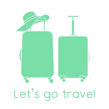 Vektör illüstrasyon valizleri, beyaz arka planda güneş şapkası. Seyahate çıkalım. Yaz tatili, tatil, tatil. Seyahat acentesi, rezervasyon servisi. Web sayfası için dizayn, yazdırma