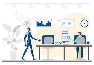 Vektör illüstrasyon Robot, insan takım çalışması. Robotla ortaklık. Yapay Zeka. Millet, Ai etkileşim konsepti. Robot, ofiste çalışan insan, iş ortağı Web için tasarım, uygulama, baskı