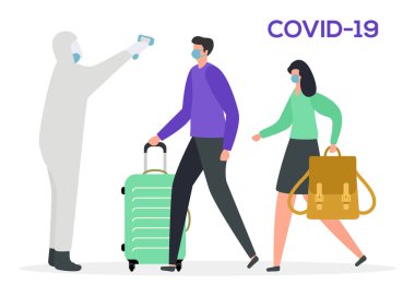 Vector Illustration COVID-19 2019-nCoV Çin Virüsü Virüsü Koruyucu giysisindeki Salgın Adam yolcuların sıcaklığını uzaktan ölçüyor. Patojen Solunum Sistemi Çin Coronavirüs SARS Web sitesi için Tasarımı Durdur, Yazdır